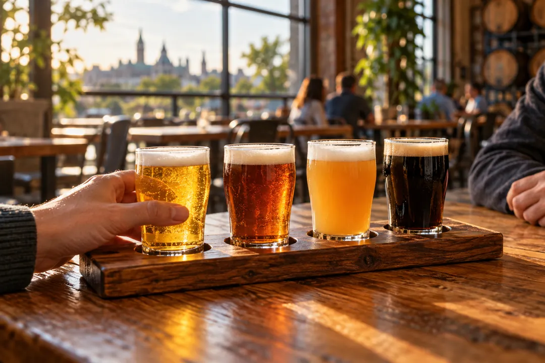 Hands holding a flight of small craft beer tasting glasses
