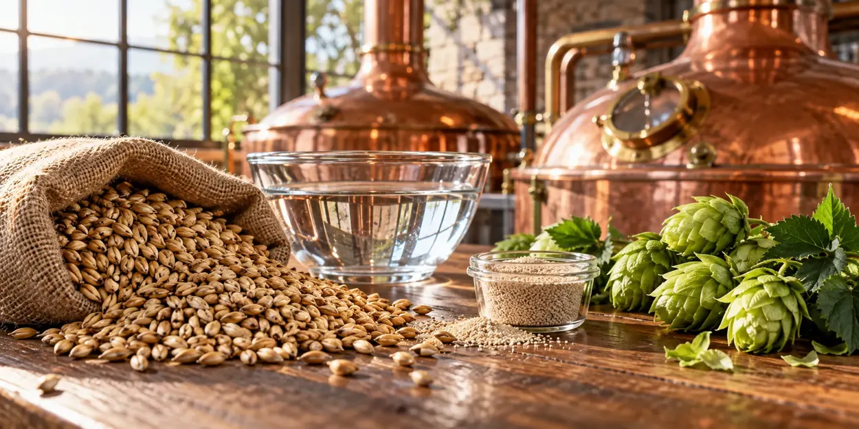 Malted grain, hops, water and yeast beside brewing equipment