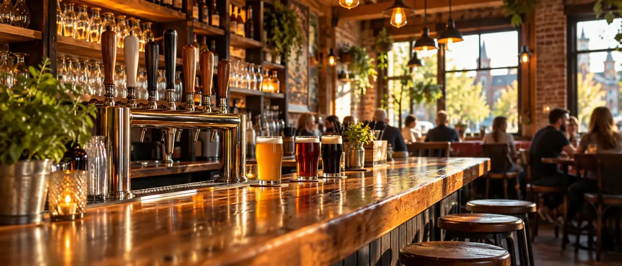 Neighbourhood bar counter with craft beer taps and glasses