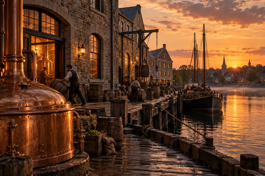 Illustration of an early riverside brewery and copper brewing vessel at dusk
