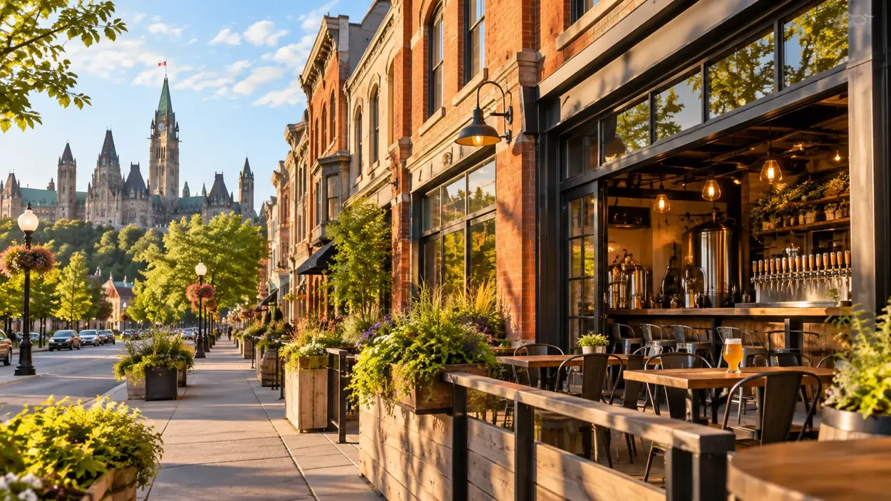 Brick storefronts and a craft beer patio on an Ottawa street