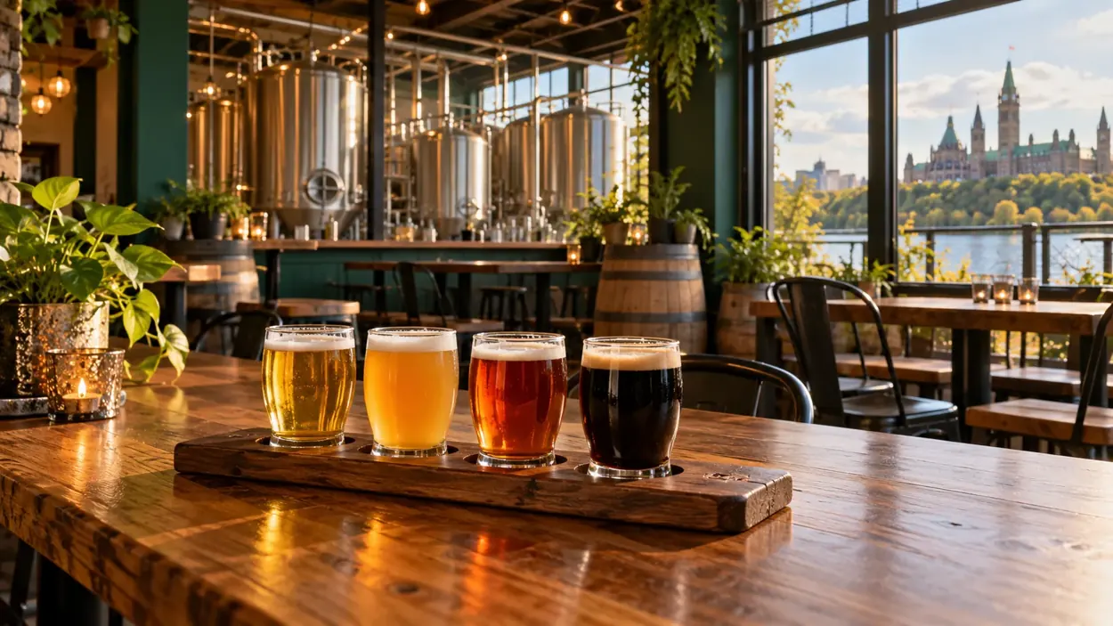 Tasting flight of craft beers inside a warm brewery taproom