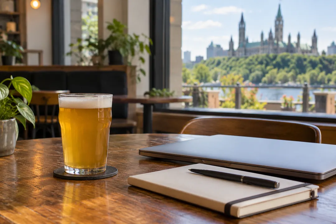 Notebook and closed laptop beside a glass of beer on a cafe table